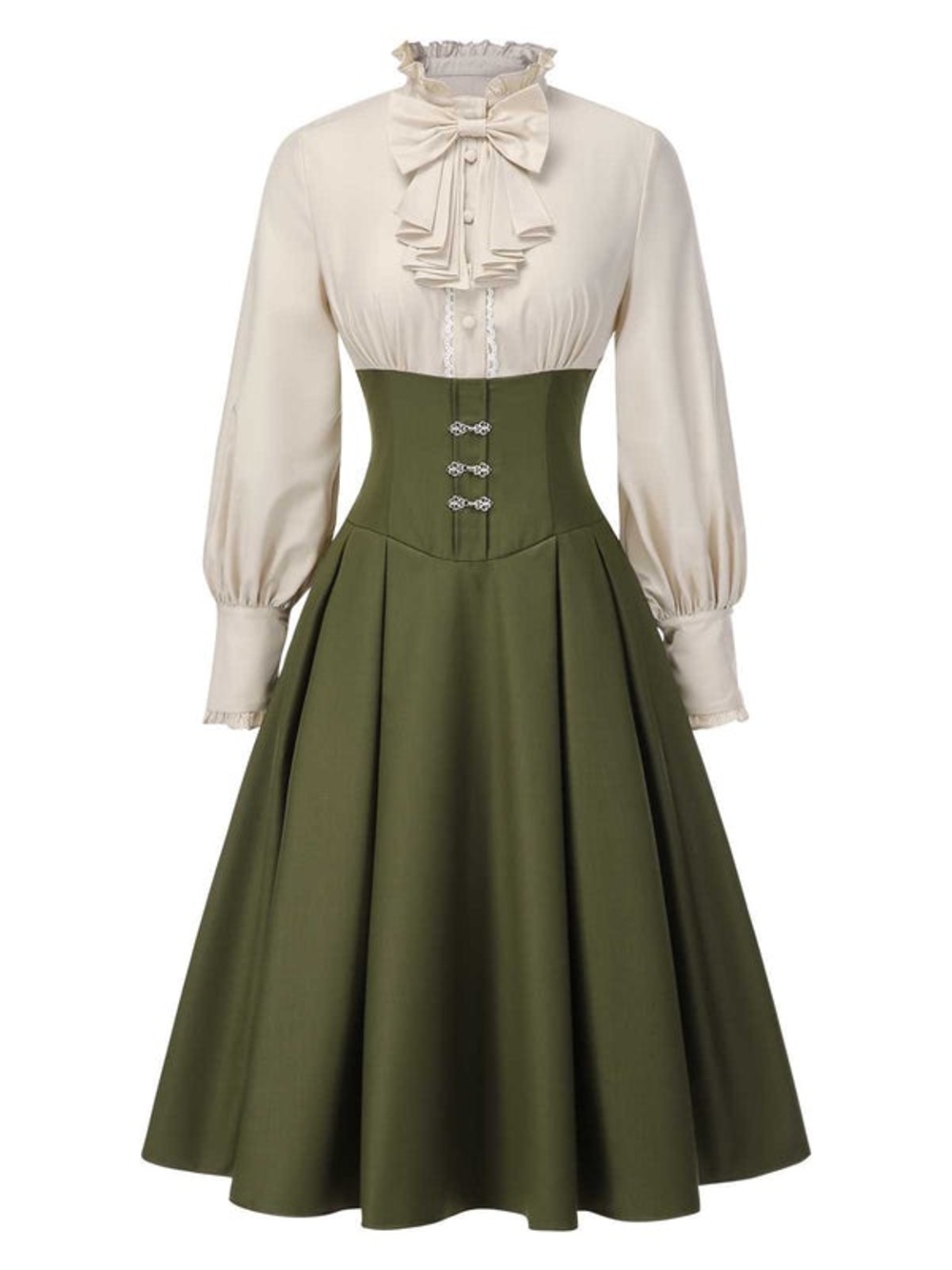 1950S VICTORIAN BOW TIE RUFFLED LONG SLEEVE DRESS